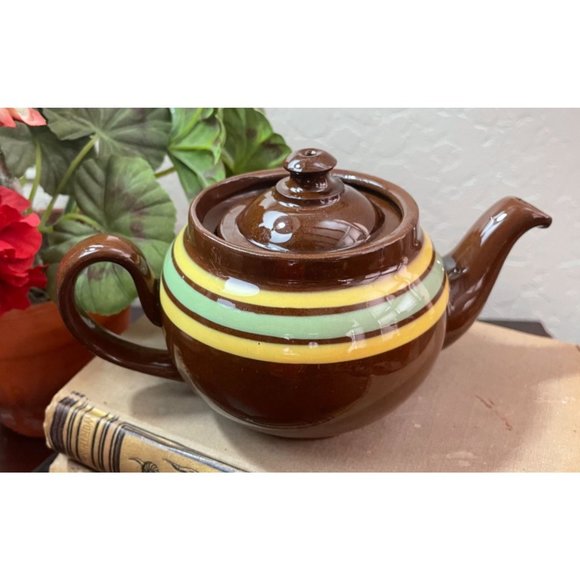 Vintage ALB Pottery Brown Betty Individual TEAPOT Yellow Green Stripes Made in E - Picture 4 of 7